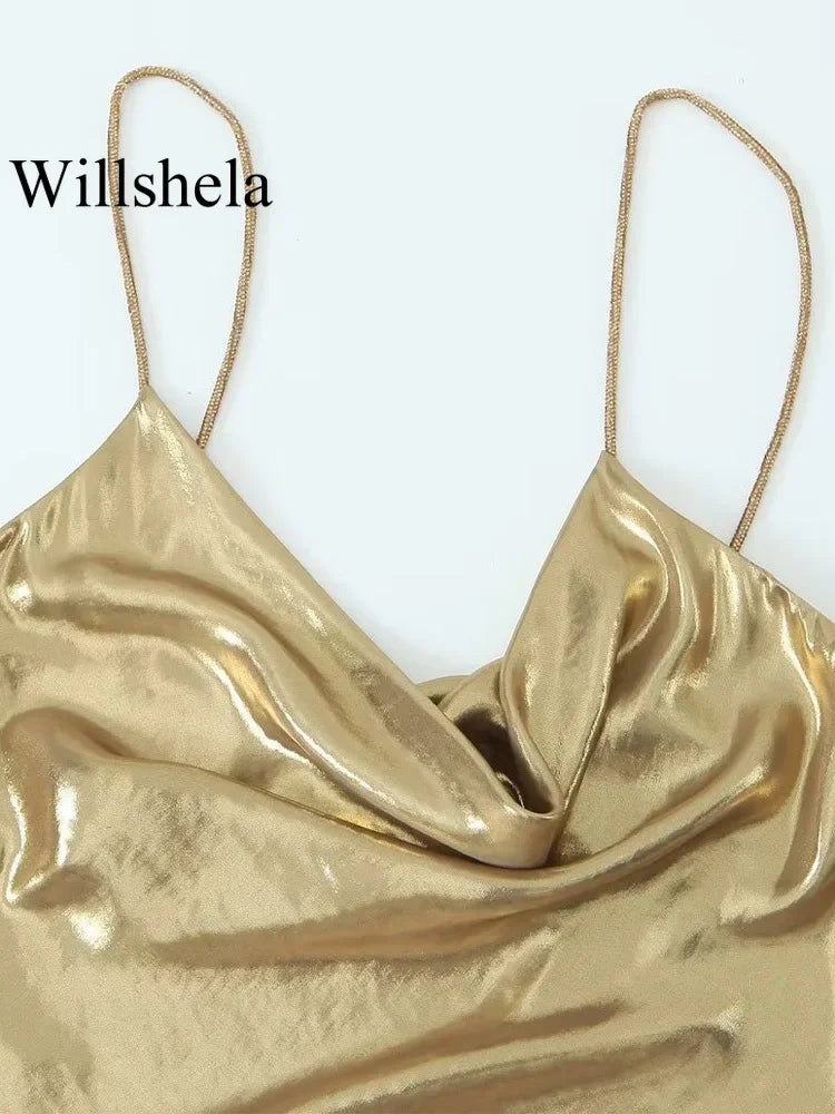 Willshela Women Fashion Golden Pleated Backless Mini Dress Vintage Thin Straps Swinging Collar Female Chic Lady Dresses