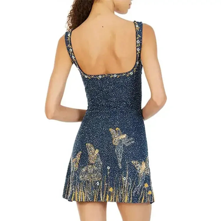 ANNIE Midnight Sparkle Ibiza Style Side Split Blue Mini Dress