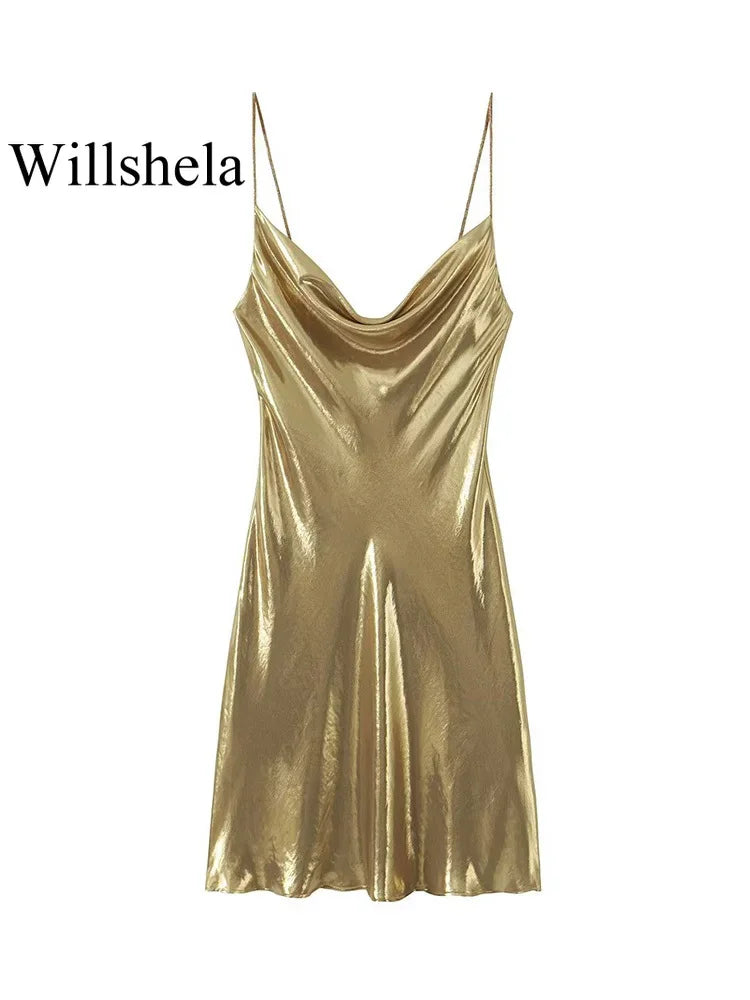 Willshela Women Fashion Golden Pleated Backless Mini Dress Vintage Thin Straps Swinging Collar Female Chic Lady Dresses