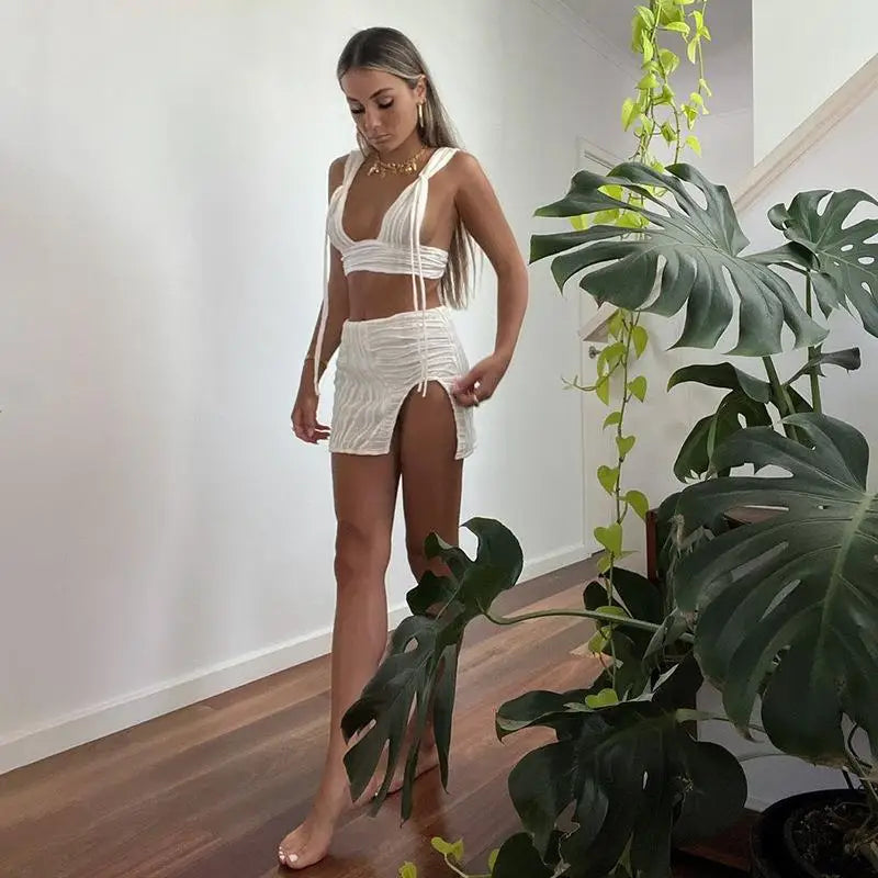 TAIA Co Ord White Ruffle Mini Skirt And Crop Top