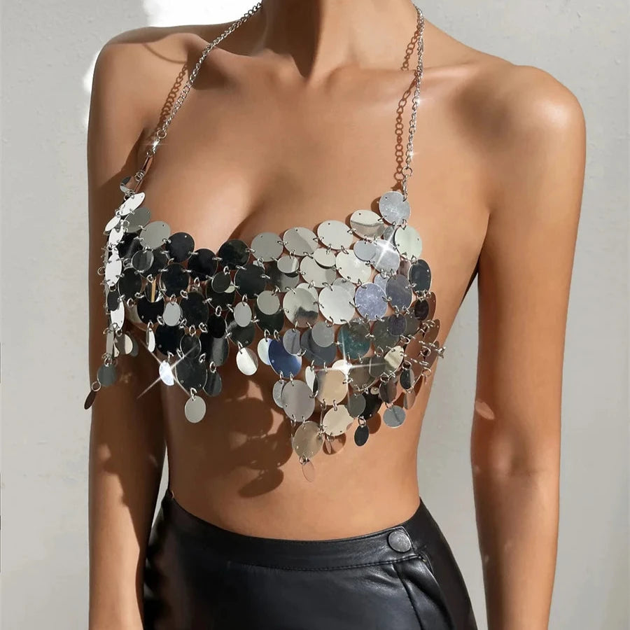 KILLIANA Sequined Sparkle Halter Neck Disco Top
