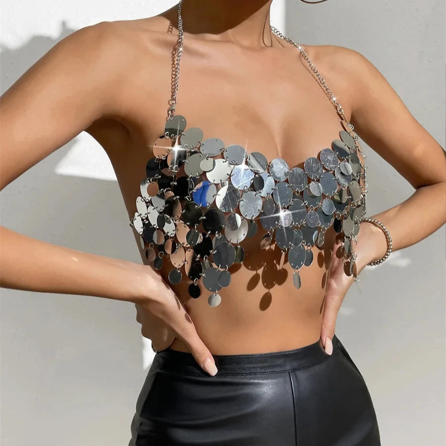 KILLIANA Sequined Sparkle Halter Neck Disco Top