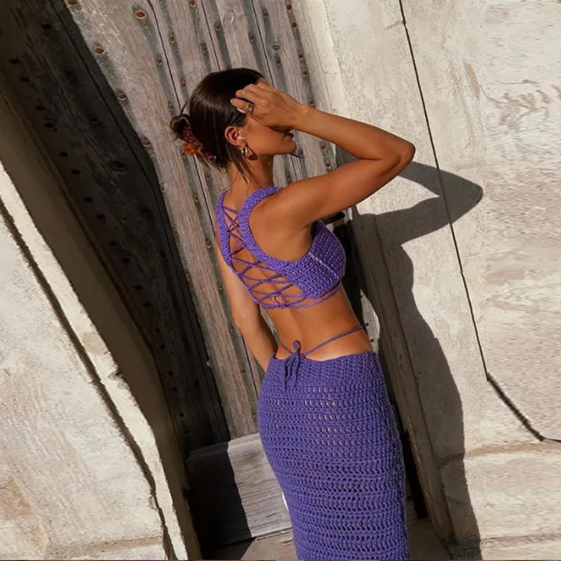 DIENNA Two Piece Set Crop Top Maxi Skirt Co Ord Knitted Crochet Set