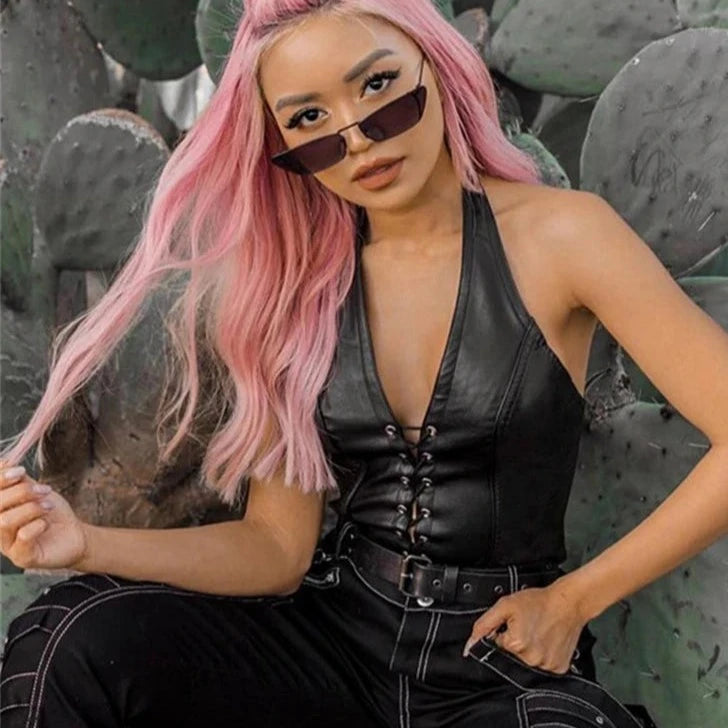 PUNAE Y2K Black PU Leather Crop Top
