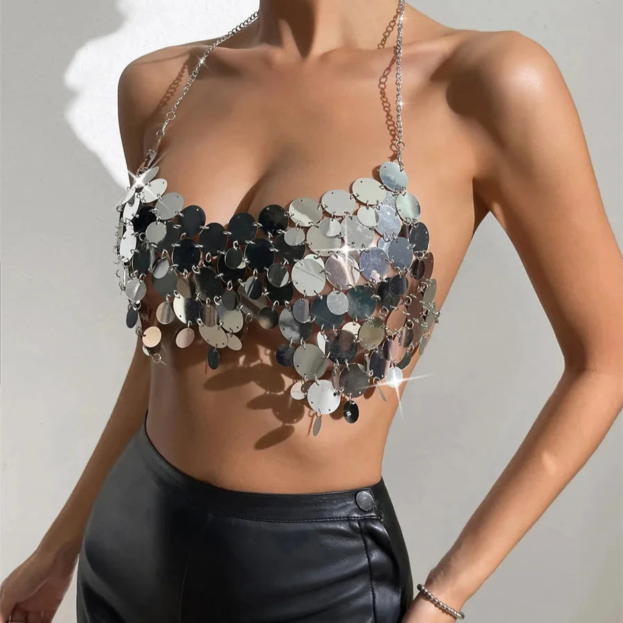 KILLIANA Sequined Sparkle Halter Neck Disco Top