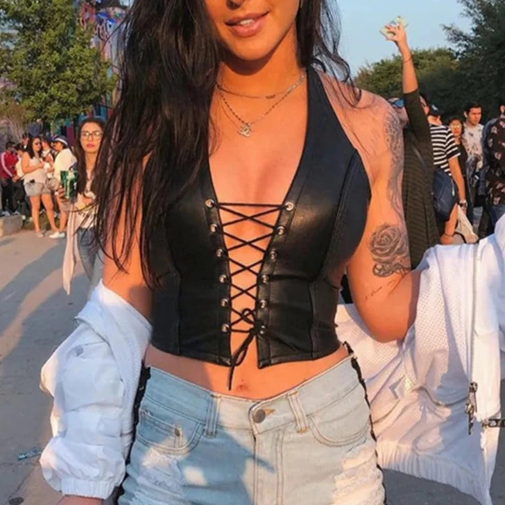 PUNAE Y2K Black PU Leather Crop Top
