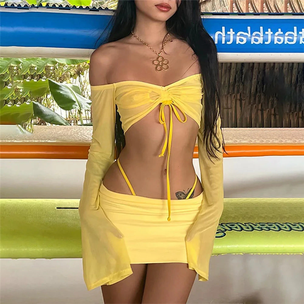 MAENIA Y2K 2 Piece Long Sleeve Crop Top And Micro Skirt Co Ord Set