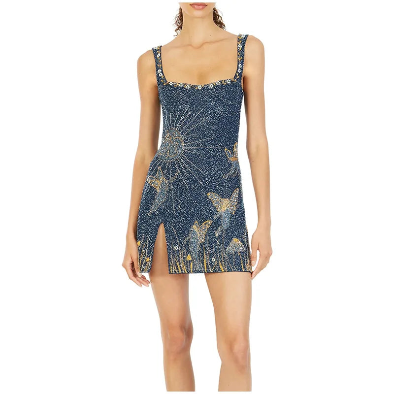 ANNIE Midnight Sparkle Ibiza Style Side Split Blue Mini Dress