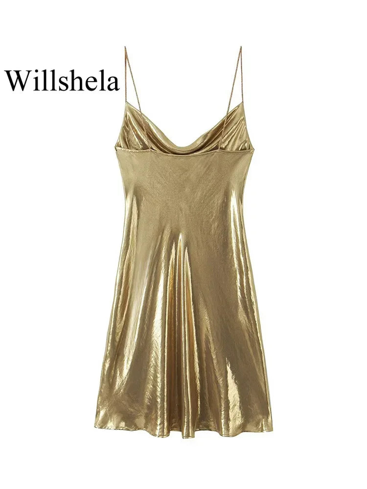 Willshela Women Fashion Golden Pleated Backless Mini Dress Vintage Thin Straps Swinging Collar Female Chic Lady Dresses