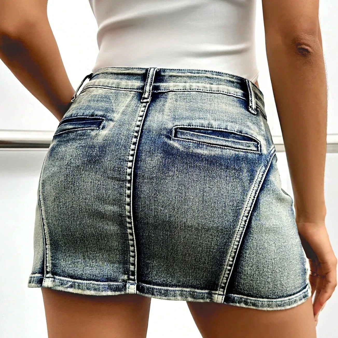 VOYA Y2K Skinny Mini A-Line Denim Skirt