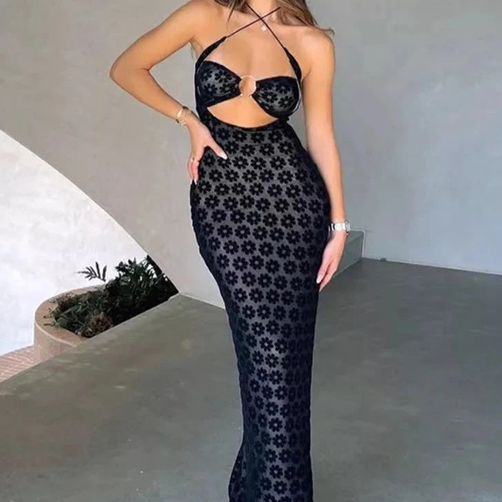 NIA Knit Black Pattern Strappy Maxi Dress