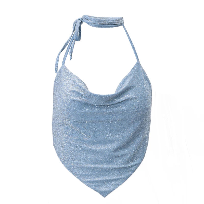 FRANCIS Y2K Shiny Backless Glitter Halterneck Crop Top