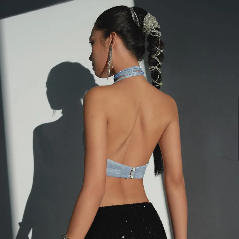 FRANCIS Y2K Shiny Backless Glitter Halterneck Crop Top