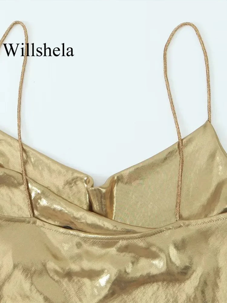 Willshela Women Fashion Golden Pleated Backless Mini Dress Vintage Thin Straps Swinging Collar Female Chic Lady Dresses