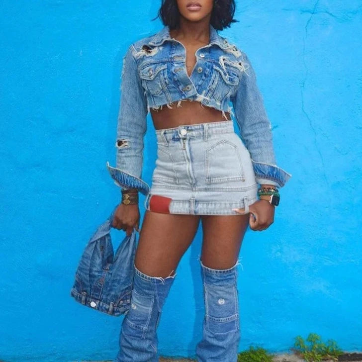 AZIA Vintage Denim Y2K Mini Skirt