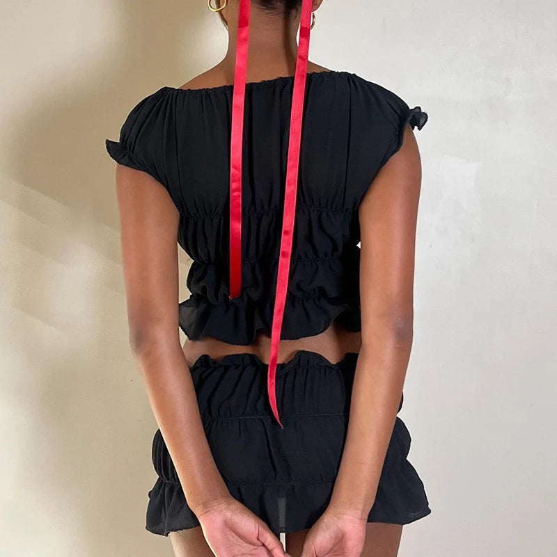 VALERRY 2 Piece Set Cute Bow V Neck Ruched Crop Top Mini Skirt Set
