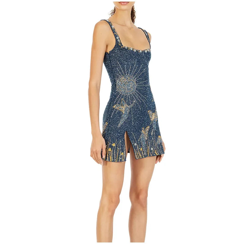 ANNIE Midnight Sparkle Ibiza Style Side Split Blue Mini Dress