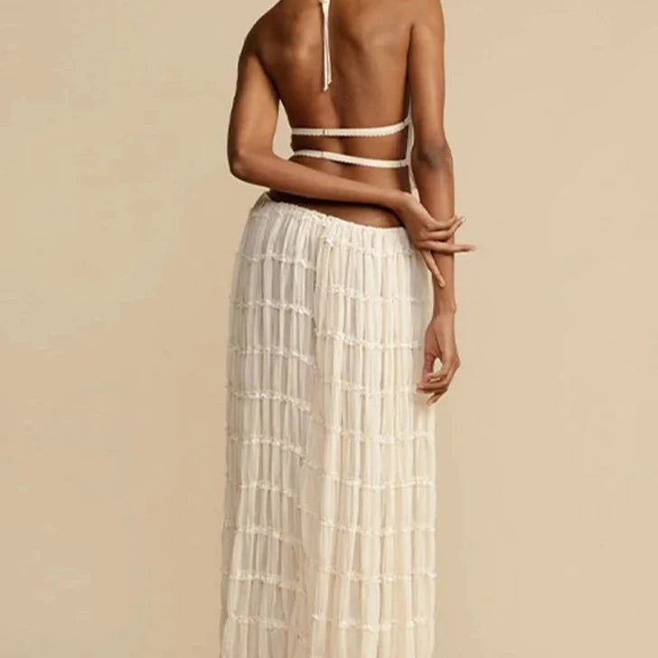 PARIS Pleated Crop Top Co Ord Long Skirt Halter Set