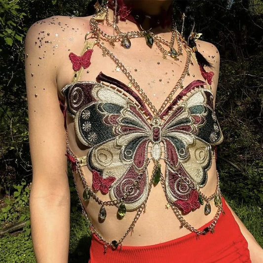 SAGE Embroidered Y2K Butterfly Crop Top