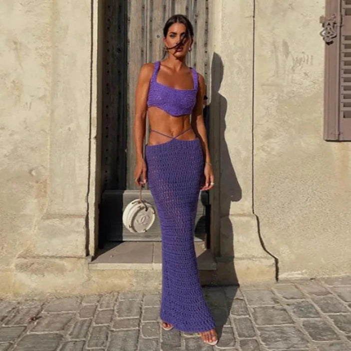 DIENNA Two Piece Set Crop Top Maxi Skirt Co Ord Knitted Crochet Set