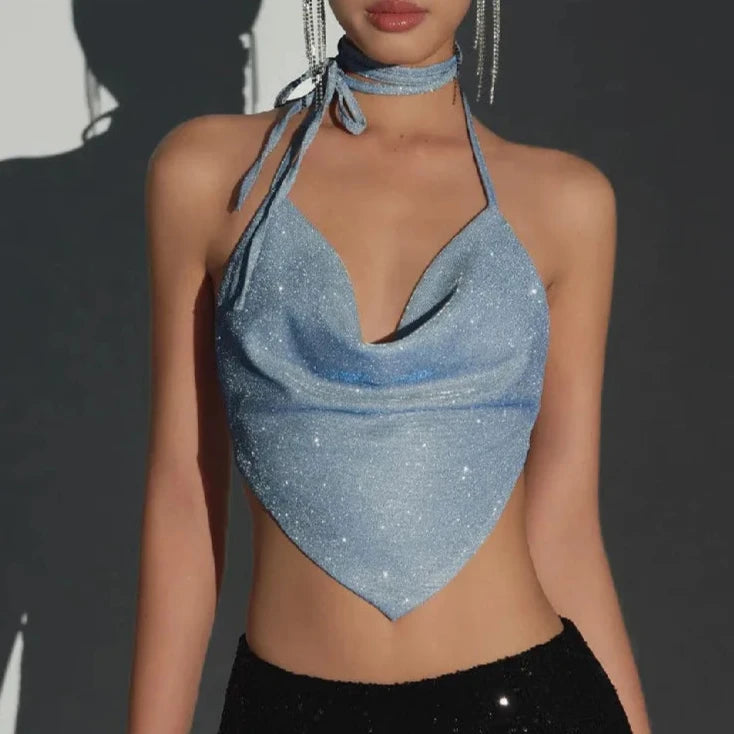 FRANCIS Y2K Shiny Backless Glitter Halterneck Crop Top