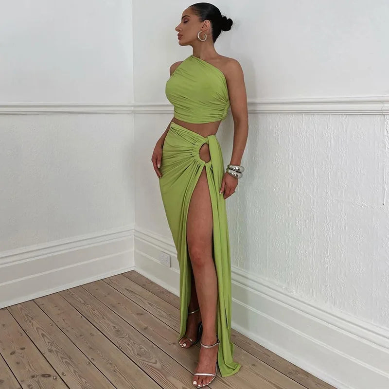 LIVVI Green Crop Top And Maxi Split Skirt Co Ord Set