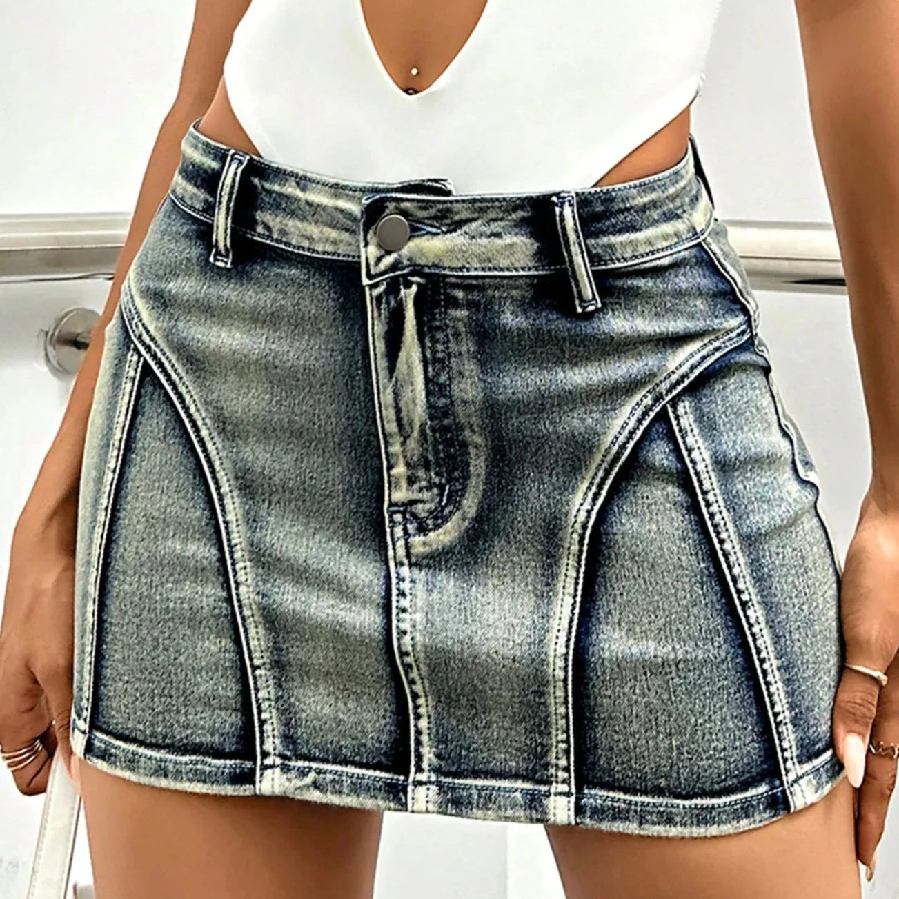 VOYA Y2K Skinny Mini A-Line Denim Skirt