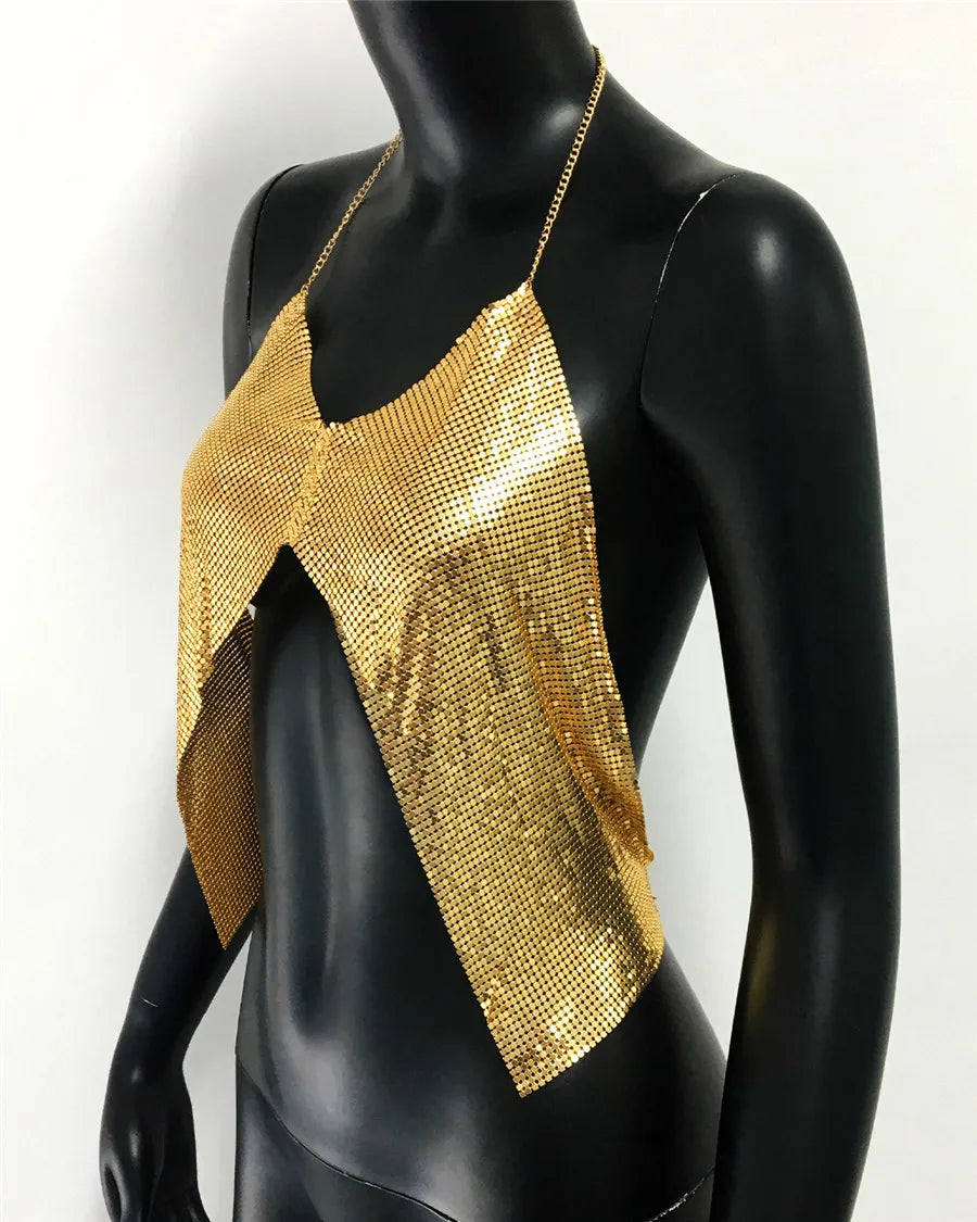 WINNIEY Metal Sequin Halter Crop Top