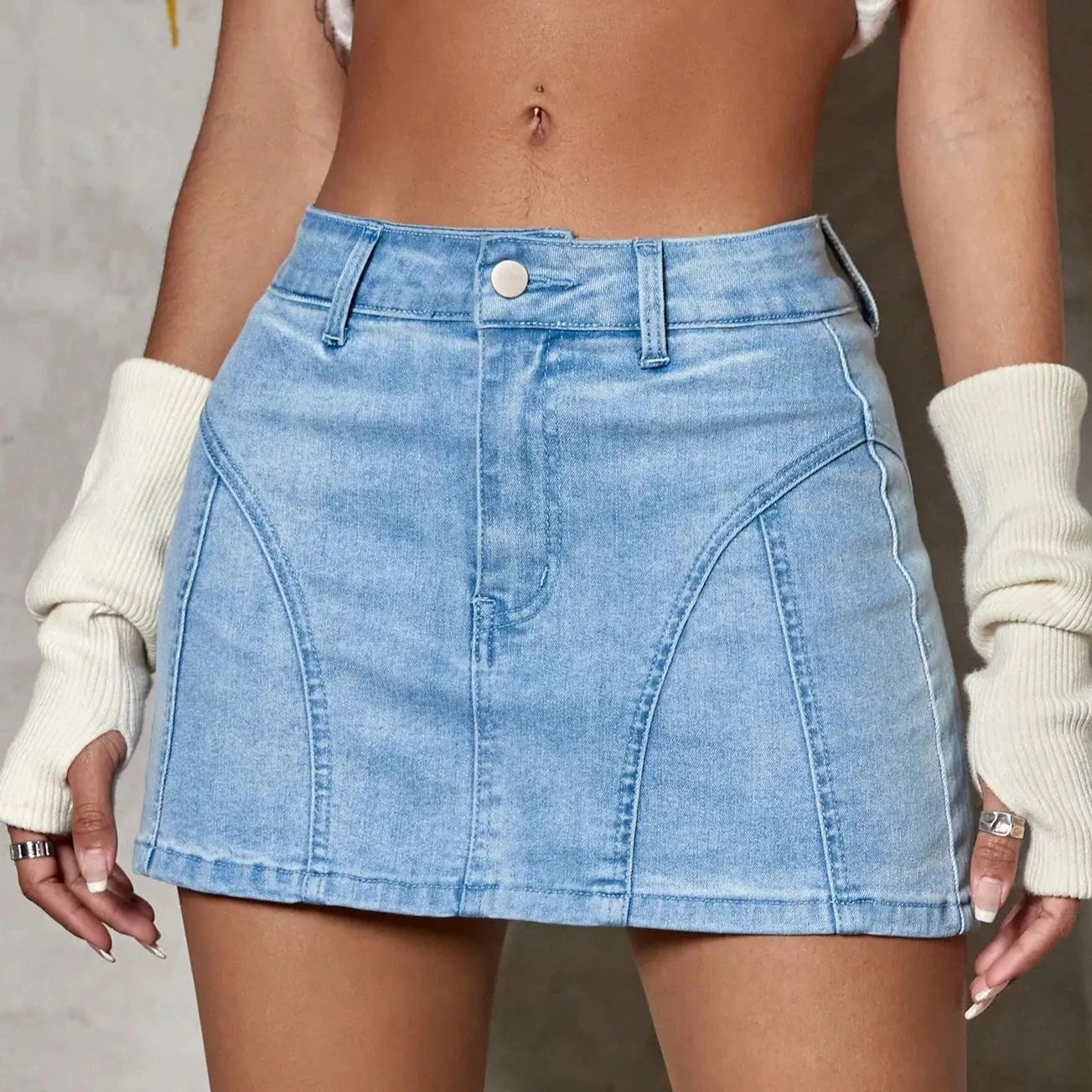 VOYA Y2K Skinny Mini A-Line Denim Skirt