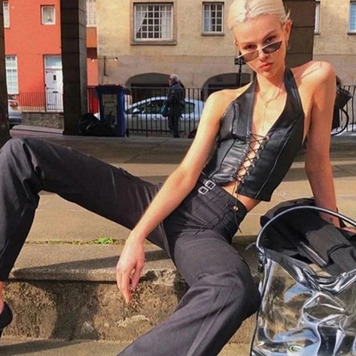 PUNAE Y2K Black PU Leather Crop Top