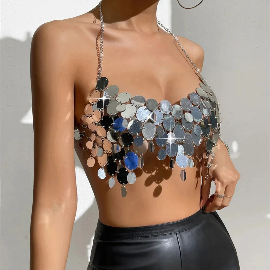 KILLIANA Sequined Sparkle Halter Neck Disco Top